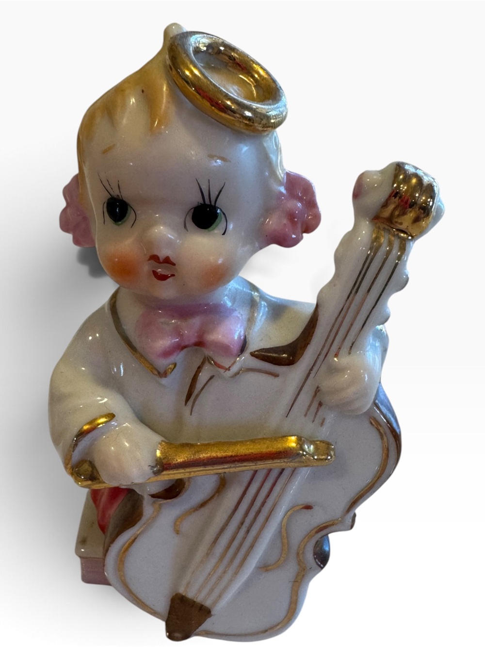 Lefton Vintage Ceramic Christmas Angel Cherub Playing Cello Gold Halo
